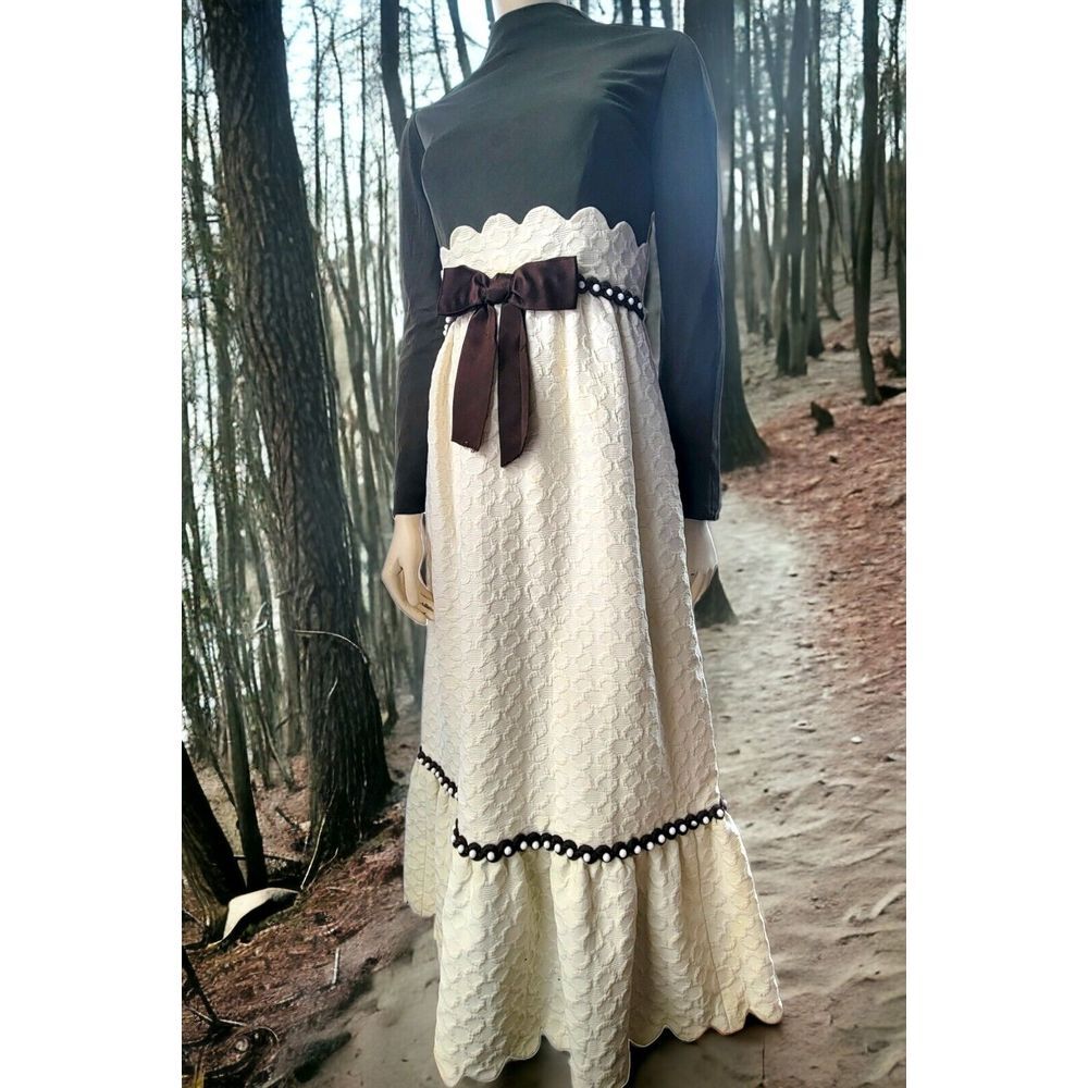 Vintage Kiki Hart 60's Maxi Dress Textured With Braid Trim And Brown Top With...